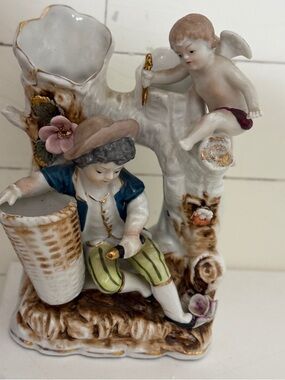 Porcelain Figural Cherub & Boy Planter - Hand-Painted Floral Accents